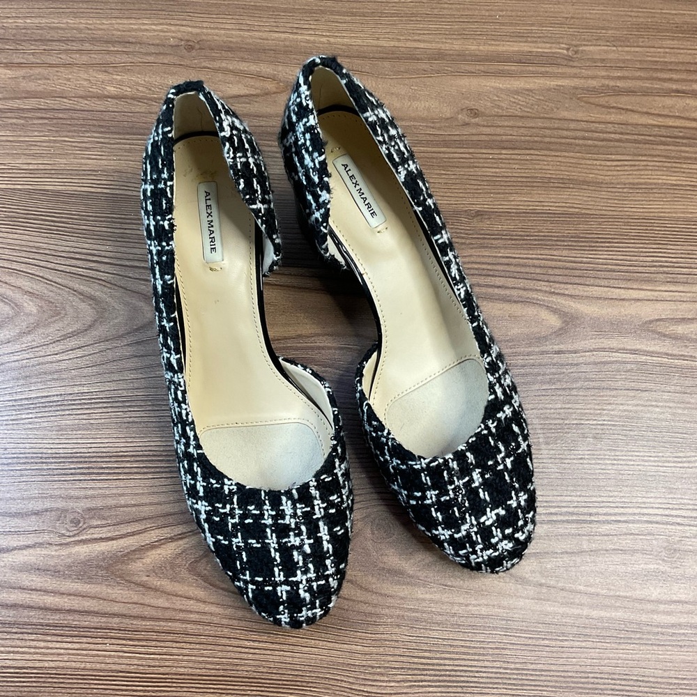 Alex Marie Black & White Tweed Block Heel Pumps Size 8.5M
